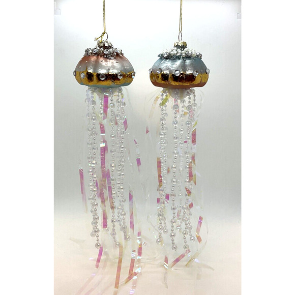 2 Jellyfish Ornaments Glass Pink & Blue Christmas Pearl Flowing Tentacles - Picture 10 of 10